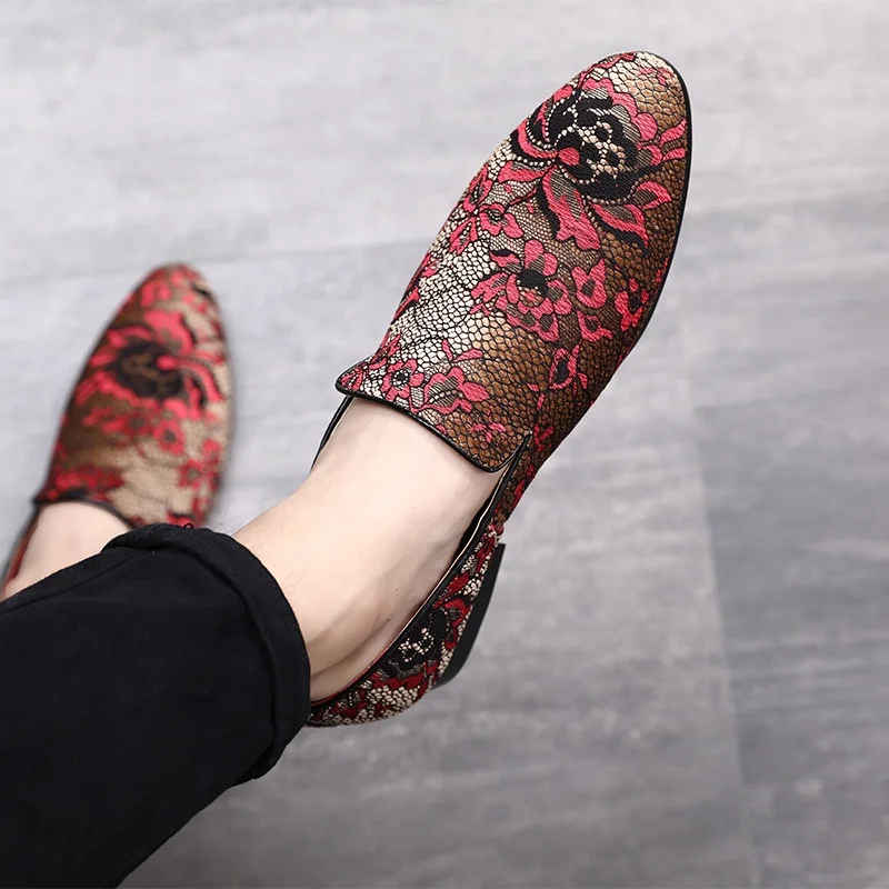 

Fashion Men Party Wedding Handmade Loafers Men Velvet Shoes with Flower Men Embroidered Dress Shoe