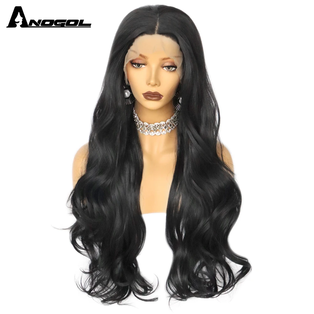 

Anogol Wholesale T Part lace wig Long Straight Black Body Wave Heat Resistant Synthetic Hair Lace Frontal Wigs for Black Women