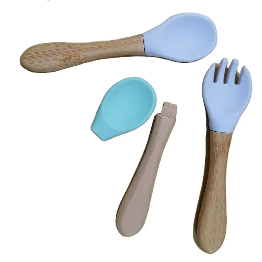 

ODM&OEM Factory Price Infant Bebes Silicone Feeder Wooden handle and Silicone Head Spoon And Fork Kits