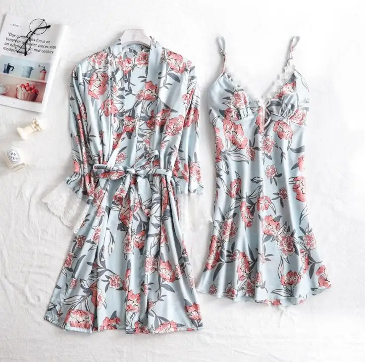 

High quality 2pc lace robe floral print sling nightdress and robe for women, Light blue, beige, pink, black