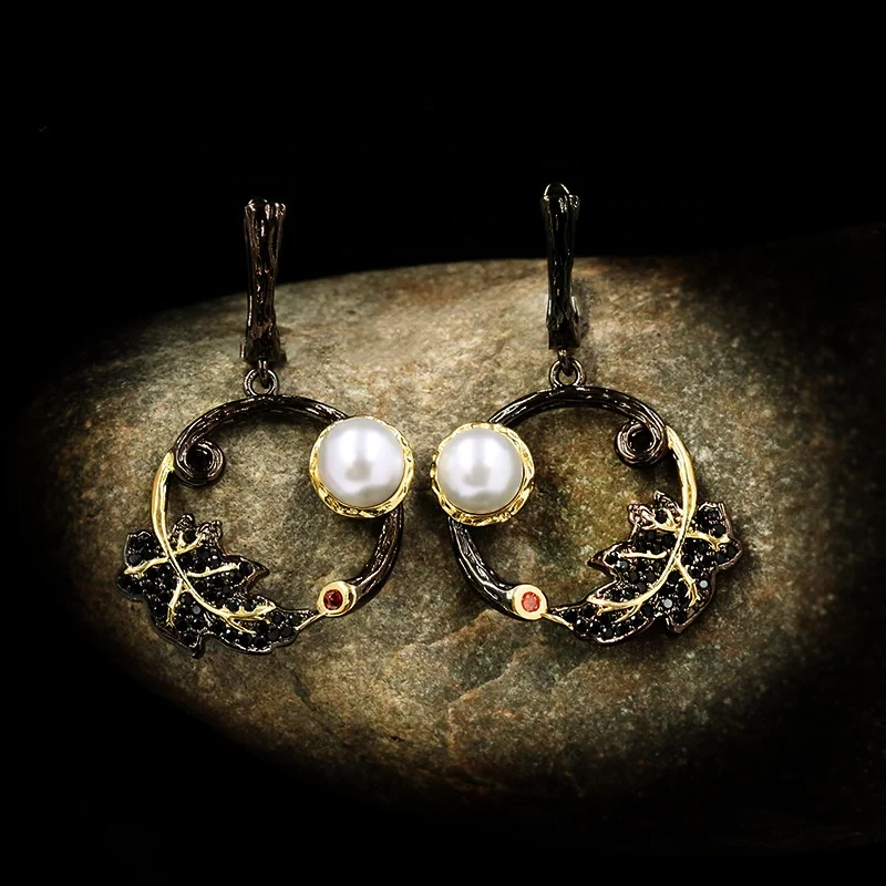 

Natural Pearl Earrings for Women Vintage Leaf Design Dangle Earrings