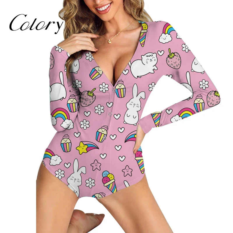 

Colory Cartoon Warm Rompers V-neck Jumpsuit Designer Women Long Sleeve Onesie, Picture shows