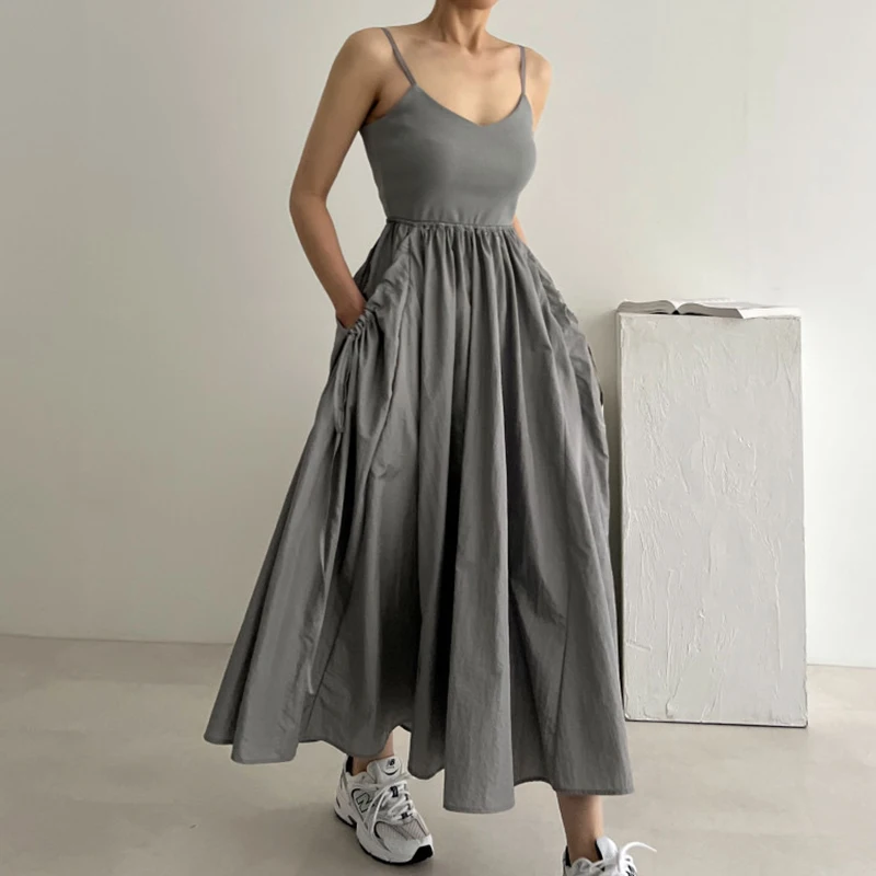 Wholesale 2026 Summer Niche V-neck Off Shoulder Pleated Waist Slimming Large Swing Sleeveless Suspender Women's Dress