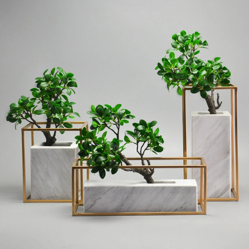 

3 pcs set Marble stone pot planter, White and gold