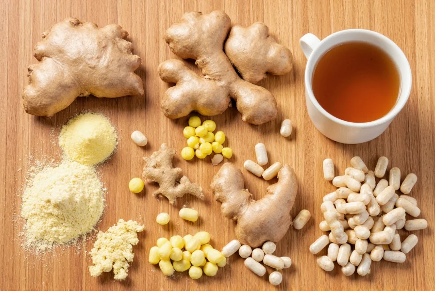 Various ginger preparations including fresh root, powder, tea, and capsules arranged on wooden surface