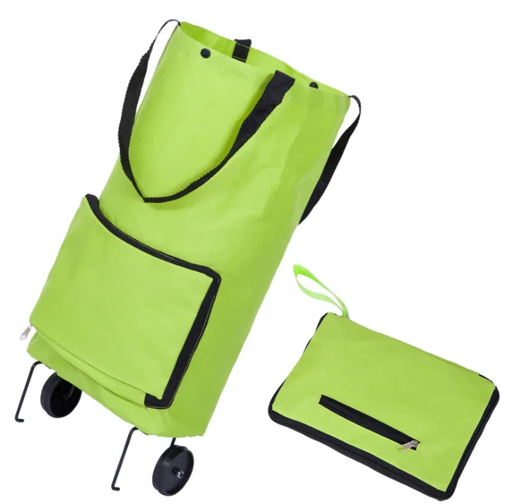 

Green Polyester Portable Handy Foldable Bag Wheel Cart Shopping Trolley