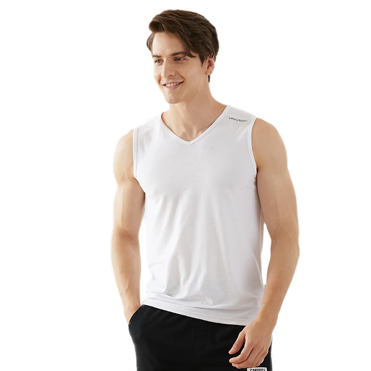 

Wholesale casual male tank tops v-neck 50% polyester 45% cotton mens tank top, White/black
