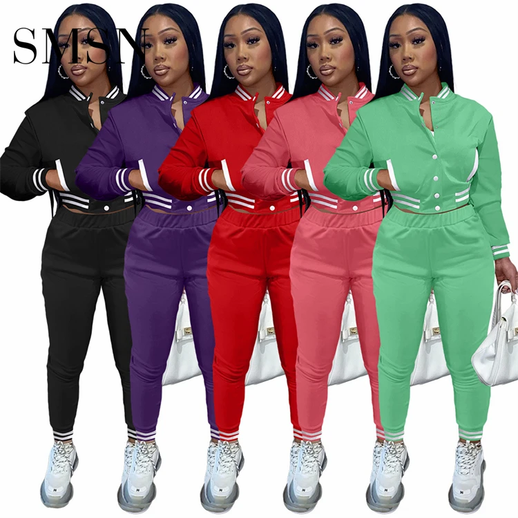 

Hot Selling Long Sleeve Multi Button Baseball Coat Sportswear Ladies 2 Piece Set Women Joggers Pants Two Piece Pants Set