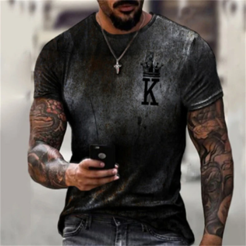 

Summer loose t-shirt for men O-neck men's t-shirts summer Short sleeve Gradient Color Poker K Print Boys 3d T Shirts