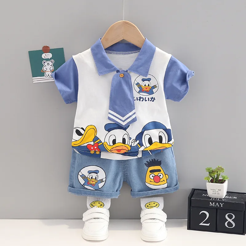 

New style baby boys summer cartoon printed T- shirt with denim jeans shorts 2 pcs clothing set, Picture shows