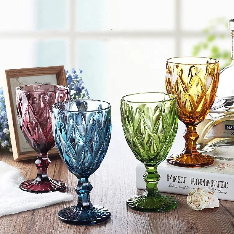 

2021 10oz original color diamond embossed thick stem custom red wine glass