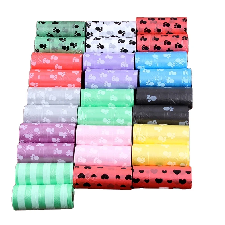 

15pcs/Roll Paw Random Color Printed Dog Cat Waste Pick Up Clean Bag Dog Poop Bags, As picture