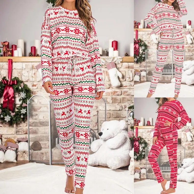 

Women Christmas Print Pajamas Set Two Pieces Set Long Sleeve Round Neck Top Loose Elastic Waist Pants Women Homewear, 2 colors