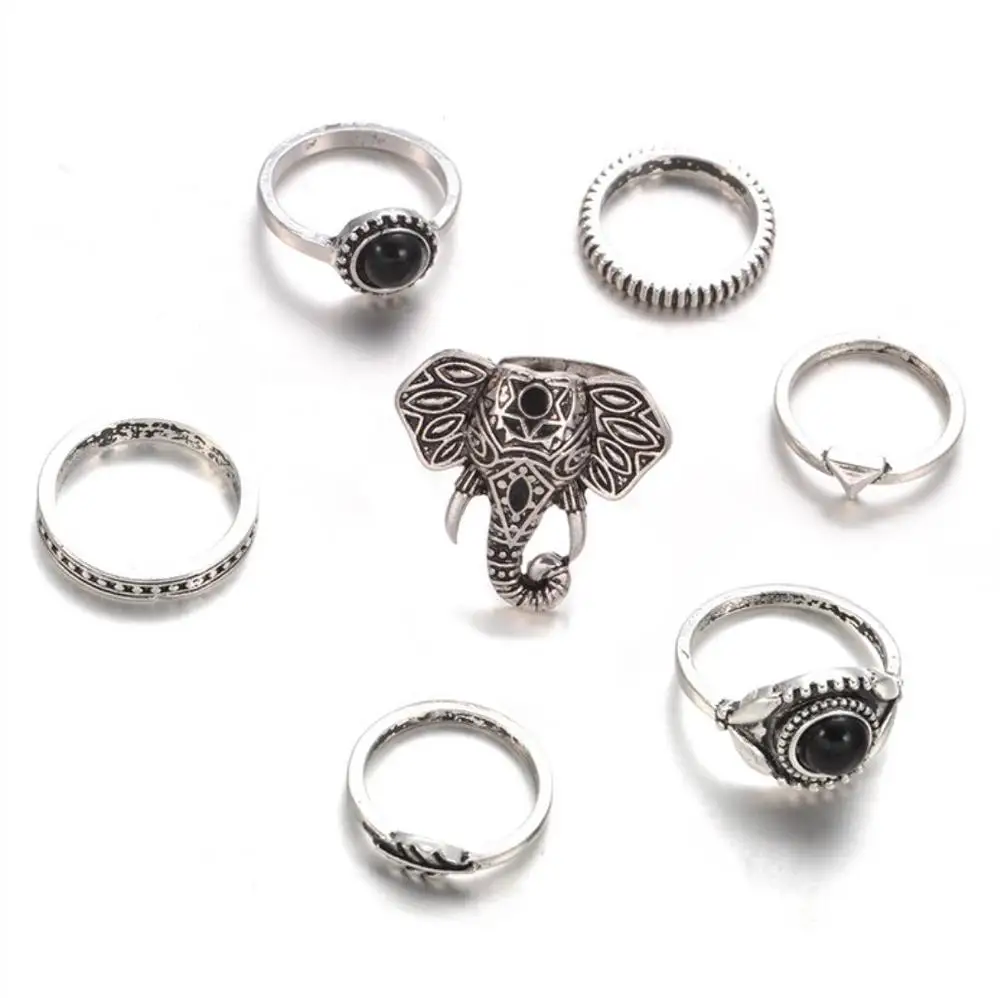 

Small Order 7 Pcs/Set Wish Hot Antique Silver Knuckle Rings Set Elephant Christmas Rings Set For Women Jewelry 2021 Wholesale