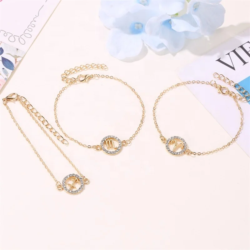 

Fashion  Hollow Bracelet Jewelry Diamond Crystal Rhinestone Twelve Constellation Gold Zodiac Signs Woman Bracelet, As the pictures showed