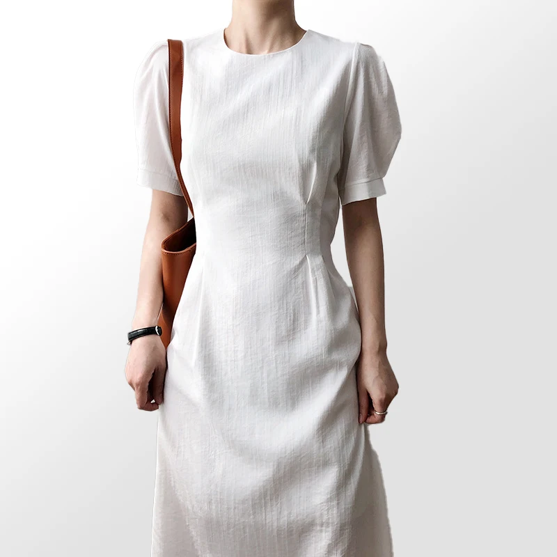 

2021 Summer women Elegant Puff Sleeve Mid-Length Ladylike Temperament Solid Midi Dress