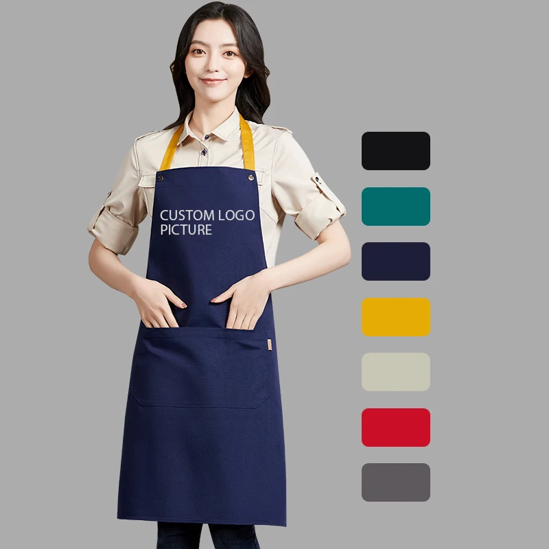 

Custom logo embroidery blue red beige nordic cute 100% cotton canvas adjustable couple dad bar work cook kitchen apron for women, 6 colors