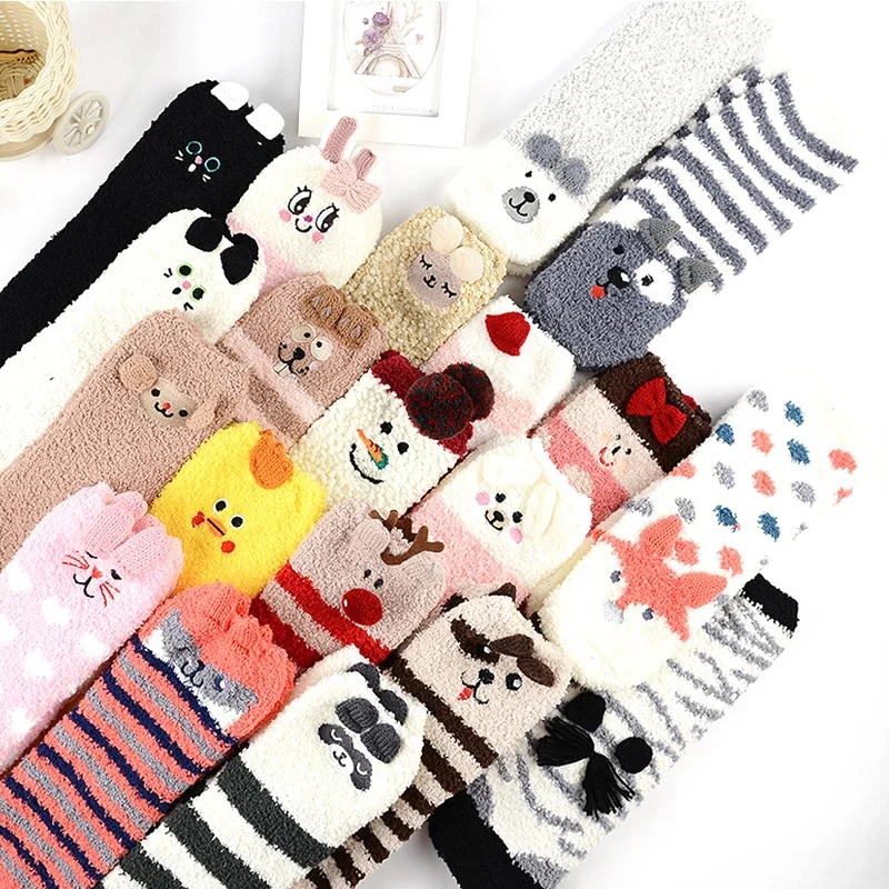 

Autumn winter new style floor sock women coral velvet thicker warm animal cartoon socks with embroidery, 28 colors