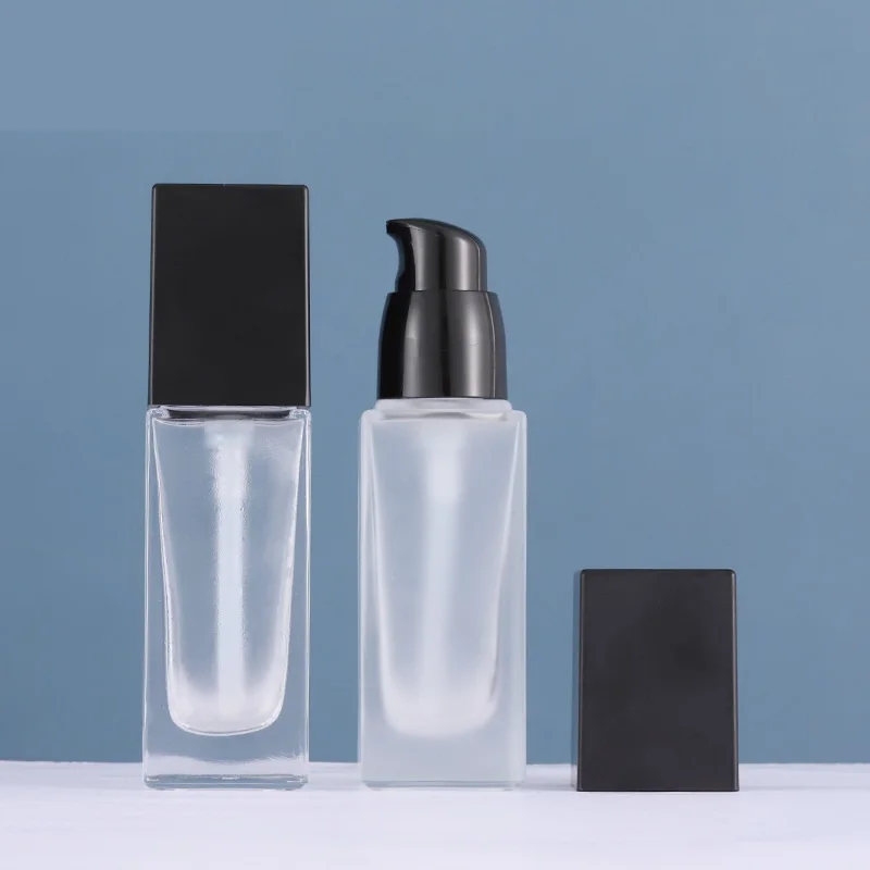 

30ml square pearl white glass cosmetic bottle and jar for cosmetic packaging