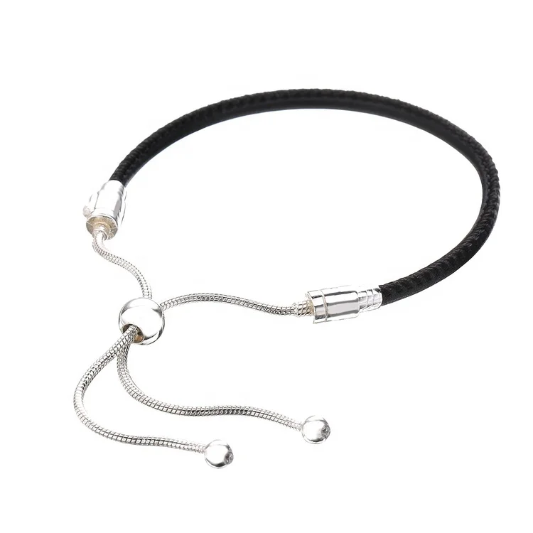 

High fashion black and silver beads bracelet adjustable leather bracelet for charms