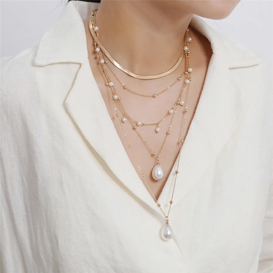 

European Female Gothic Baroque Imitation Pearl Tassel Wedding Multi-layer Necklace