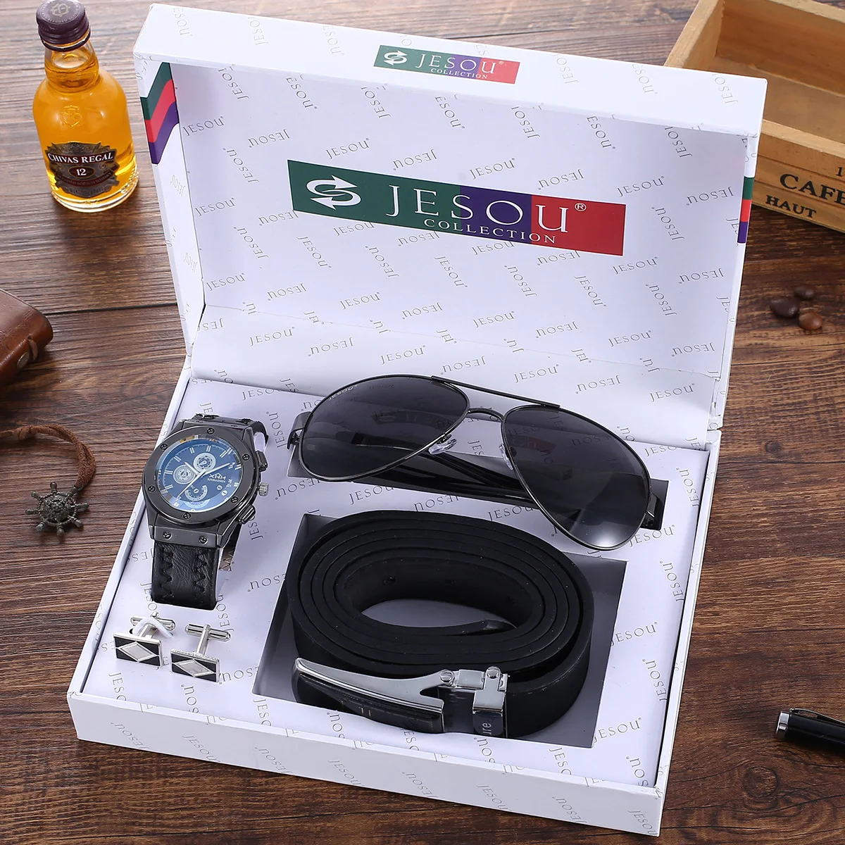 

In stock fashion gift box 4pcs set creative business belt sunglass casual pu leather cufflinks men sport watch