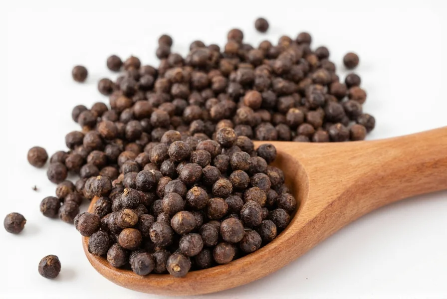 Close-up of black peppercorns with fresh cracked pepper on wooden spoon