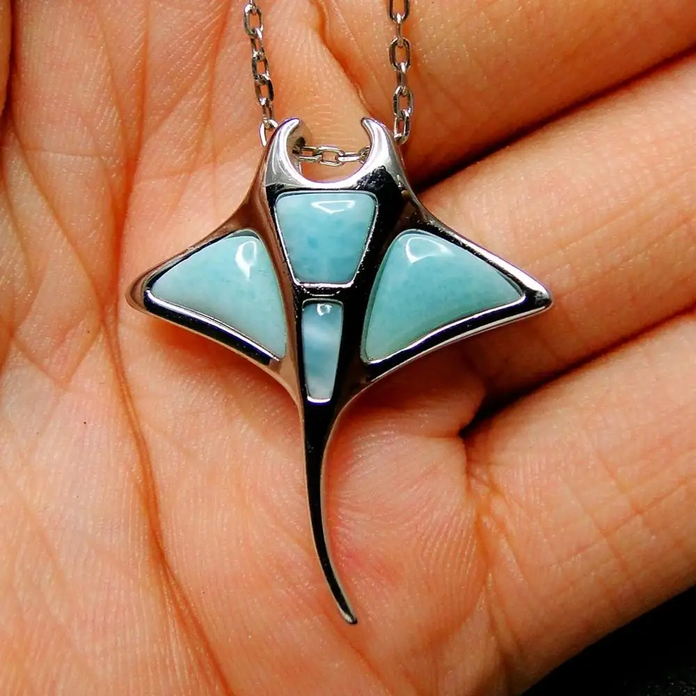 925 Sterling Silver Stingray Jewelry Larimar Natural Hawaii Manta Ray Pendant