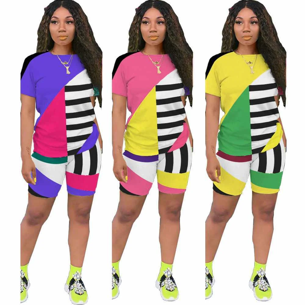 

Two Pieces Sets For Women Summer Tracksuits Striped Print Shorts Leggings Sexy Suit Fitness Outfit, Picture color