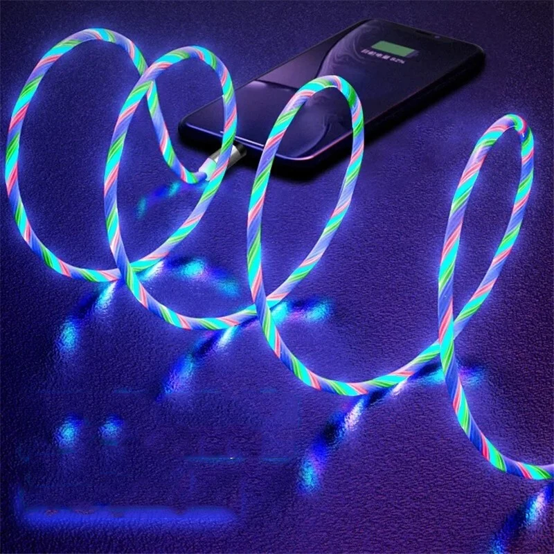 

Magnetic USB Cable LED Glow Flowing Micro USB Type C Mobile Phone Cables For Samsung Bright Charge Cord For iPhone, Red,blue,green,rainbow color