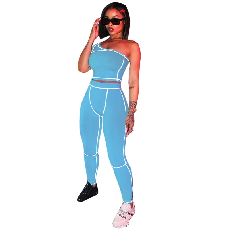 

Hot sale INS autumn new fashion tight sports pants suit shoulder line trendy two-piece suit for women, Customized color