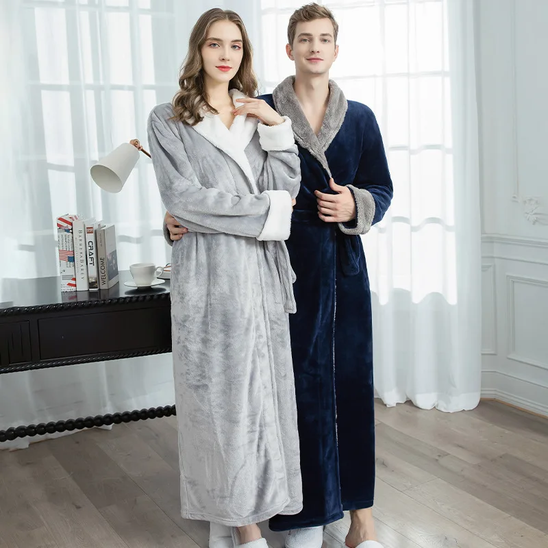 

2021Wholesale Winter Keep warm long thickened flannel couple nightgown coral fleece bathrobe pajamas men and women sleepwear, 7 colors