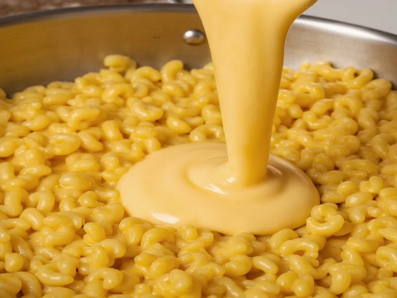 Smooth cheese sauce being poured over cooked elbow macaroni in stainless steel pot