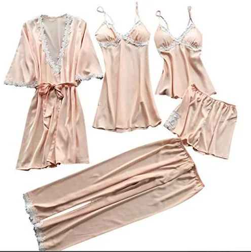 

Lace Bathrobe Night Dress 5 Five Pieces Sleepwear Womens Sleep Set