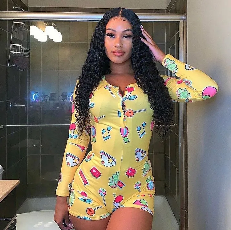 

Sleeve Deep V Adult Sexy Lingerie Sexy Women Nightwear Sleepwear Jumpsuit Full Bodysuit Long Sleeve Tops Printed Pajamas Onesie