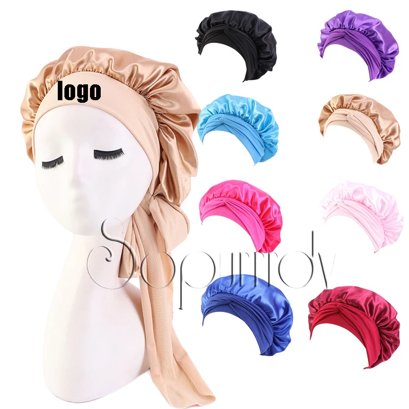 

Custom Logo Long Large Braid Hair Head Sleeping Stain Bonnets And Satin Silk Hair Wraps With Tie And Scarf