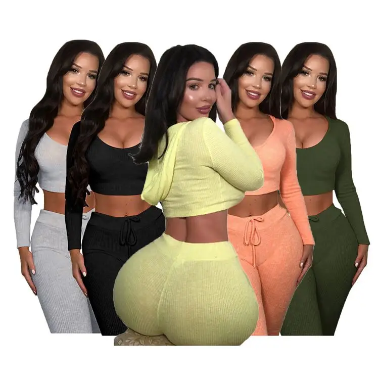 

2021 Hot Selling Good Quality Women Set Solid Color Knitting Long Sleeve Two Piece Set Two Piece Set Women Clothing