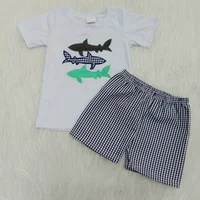 

2020 Boys clothing fashion summer fish embroidery cotton fabric kids baby outfits clothes 2pcs design woven fabric shorts sets