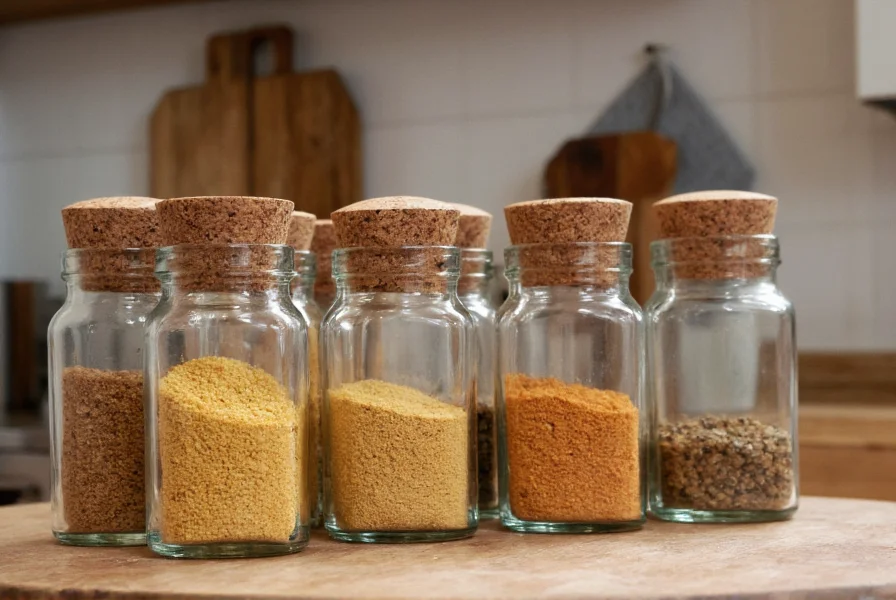 Glass spice jars containing ground coriander arranged in kitchen