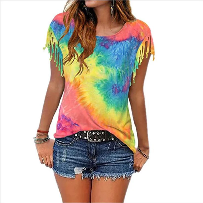 

Tie-dye Women T-shirts Summer Personalized Custom Short Sleeve Cotton Printed Tie Dye Women T-shirts With Tassel, As shown in the picture