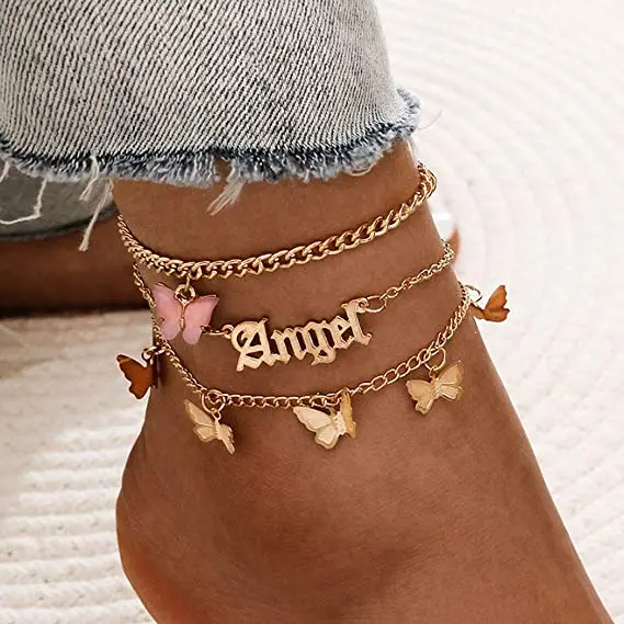 

Bohemia Layered Anklet Gold Butterfly Ankle Bracelet Adjustable Stainless Steel Angel Pendant Anklet Jewelry Chain for Women, Colorful