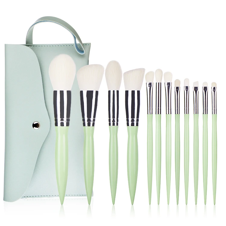 

Hot Sale Face Beauty brush 12Pcs Green Handle Makeup Brush Set with PU Bag