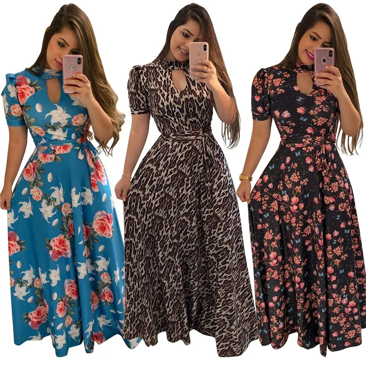 

Summer plus size short sleeve leopard & floral printed spandex women ladies sustainable casual maxi long dresses for beach 2021