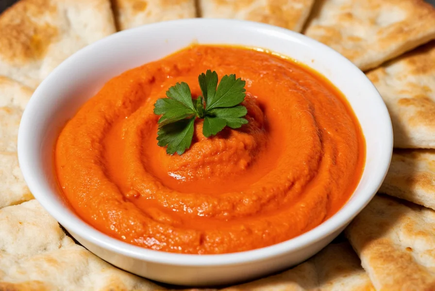 Close-up of vibrant red roasted red pepper hummus in white bowl with olive oil drizzle, fresh parsley garnish, and pita bread slices arranged artistically around it