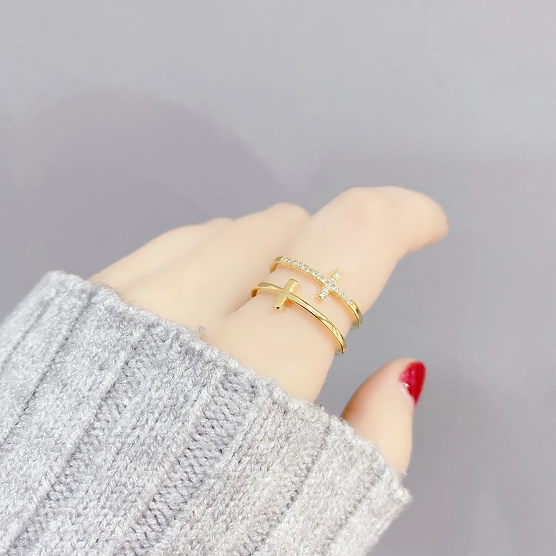 

JZ0007 Fashion design gold plated copper zircon women jewelry cross adjustable engagement wedding rings