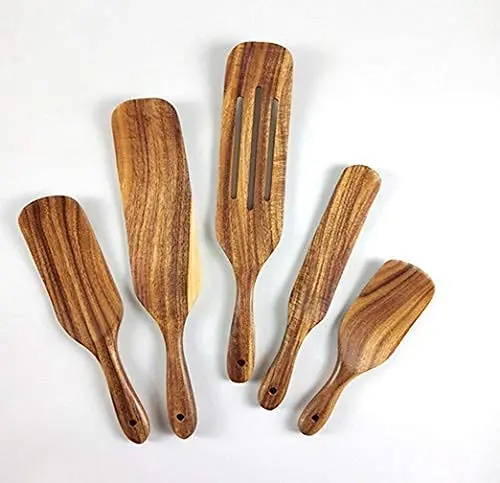 

Spurtle Set of 5Pcs Kitchen Spatula Teak Wood Utensils Tools Durable Natural Handmade Non-Stick Wooden Kitchen Spoons Cooking