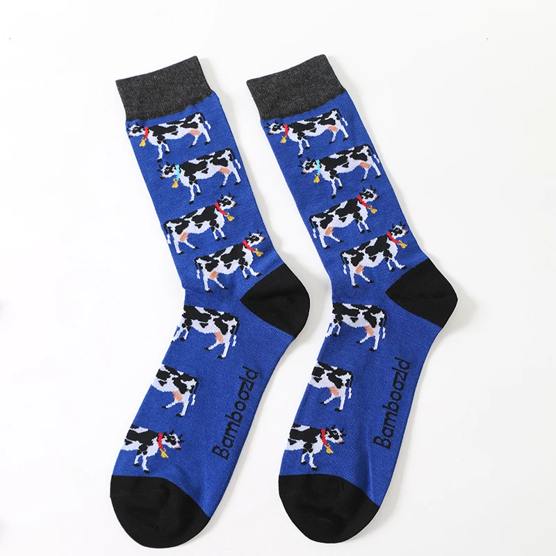 

2020 Cow Pattern Blue Design Bulk Men And Women Bamboo Fiber Crew Socks