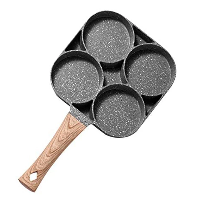 

Black 4-Cup Egg Frying Pan Wood Grain Handle Non-Stick Breakfast Omelette Pancake Skillet