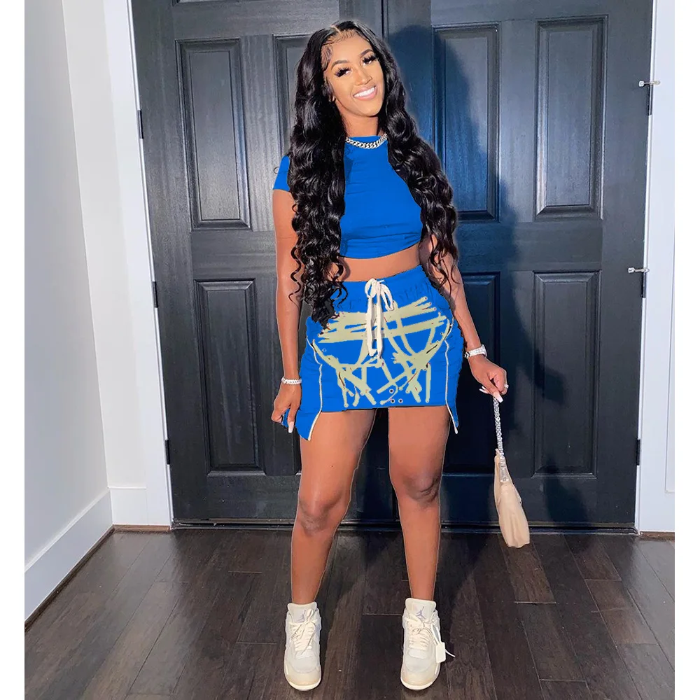

2 Piece Summer Fashion Drawstring Tracksuit Printed Round Neck Outfits Short Sleeve Sexy Two Piece Skirt Set, Shown