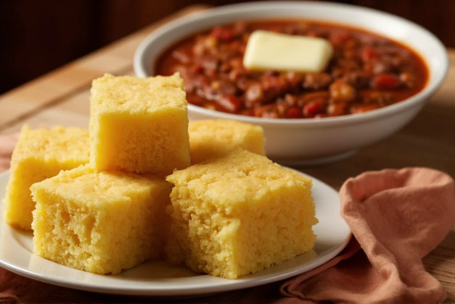 Golden cornbread squares served alongside a steaming bowl of chili with melted butter on top
